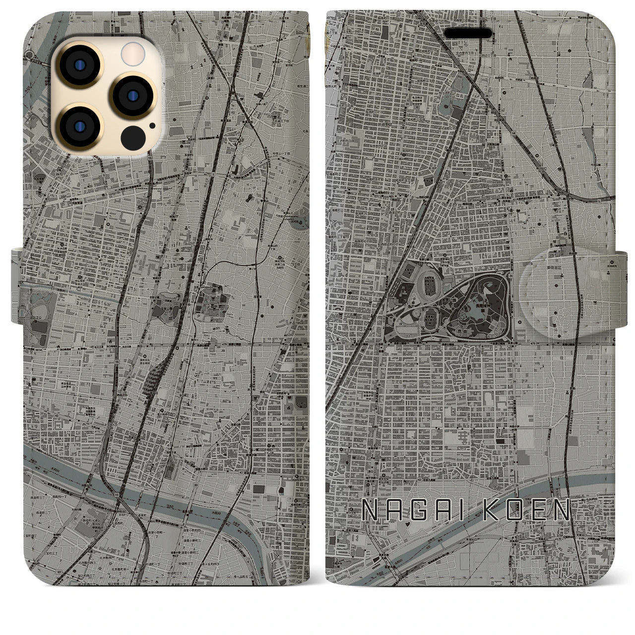 【長居公園】地図柄iPhoneケース（手帳両面タイプ・モノトーン）iPhone 12 Pro Max 用