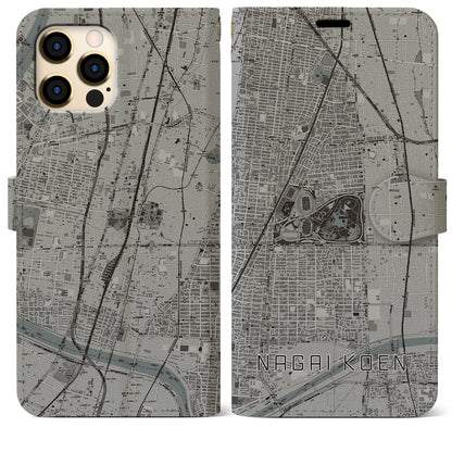 【長居公園（大阪府）】地図柄iPhoneケース（手帳タイプ）モノトーン・iPhone 12 Pro Max 用