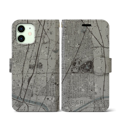 【長居公園（大阪府）】地図柄iPhoneケース（手帳タイプ）モノトーン・iPhone 12 mini 用