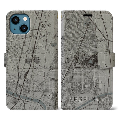 【長居公園（大阪府）】地図柄iPhoneケース（手帳タイプ）モノトーン・iPhone 13 用