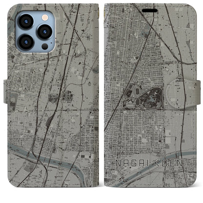 【長居公園（大阪府）】地図柄iPhoneケース（手帳タイプ）モノトーン・iPhone 13 Pro Max 用