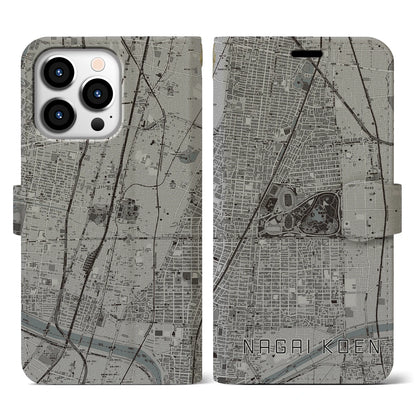 【長居公園（大阪府）】地図柄iPhoneケース（手帳タイプ）モノトーン・iPhone 13 Pro 用