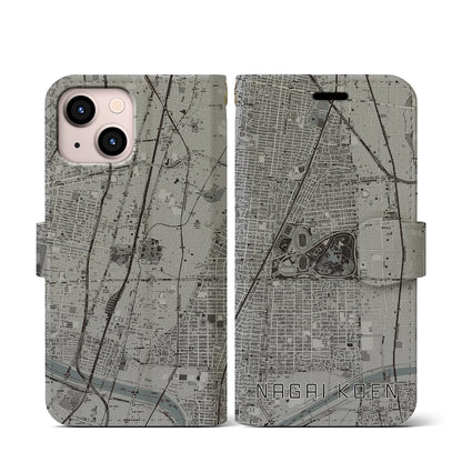 【長居公園（大阪府）】地図柄iPhoneケース（手帳タイプ）モノトーン・iPhone 13 mini 用