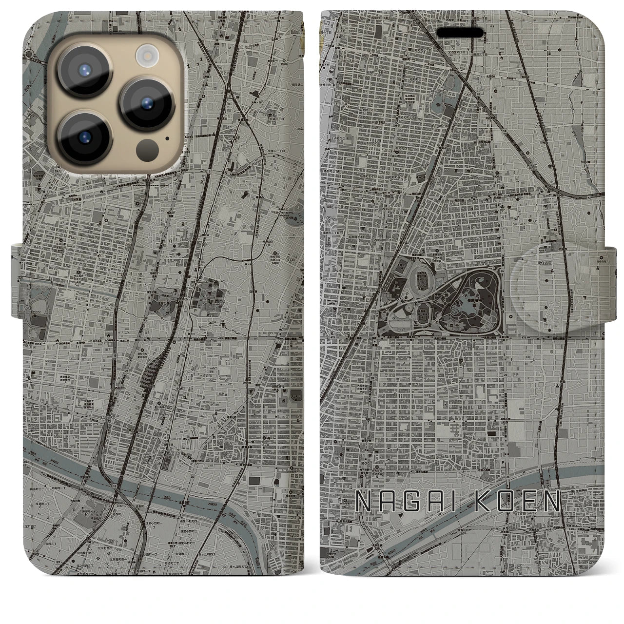 【長居公園】地図柄iPhoneケース（手帳両面タイプ・モノトーン）iPhone 14 Pro Max 用