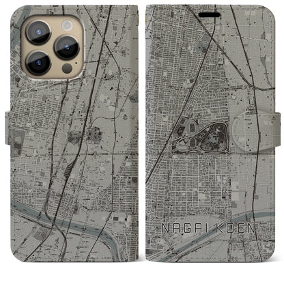 【長居公園（大阪府）】地図柄iPhoneケース（手帳タイプ）モノトーン・iPhone 14 Pro Max 用