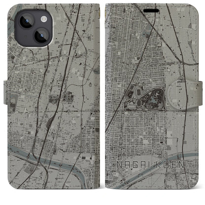 【長居公園（大阪府）】地図柄iPhoneケース（手帳タイプ）モノトーン・iPhone 14 Plus 用