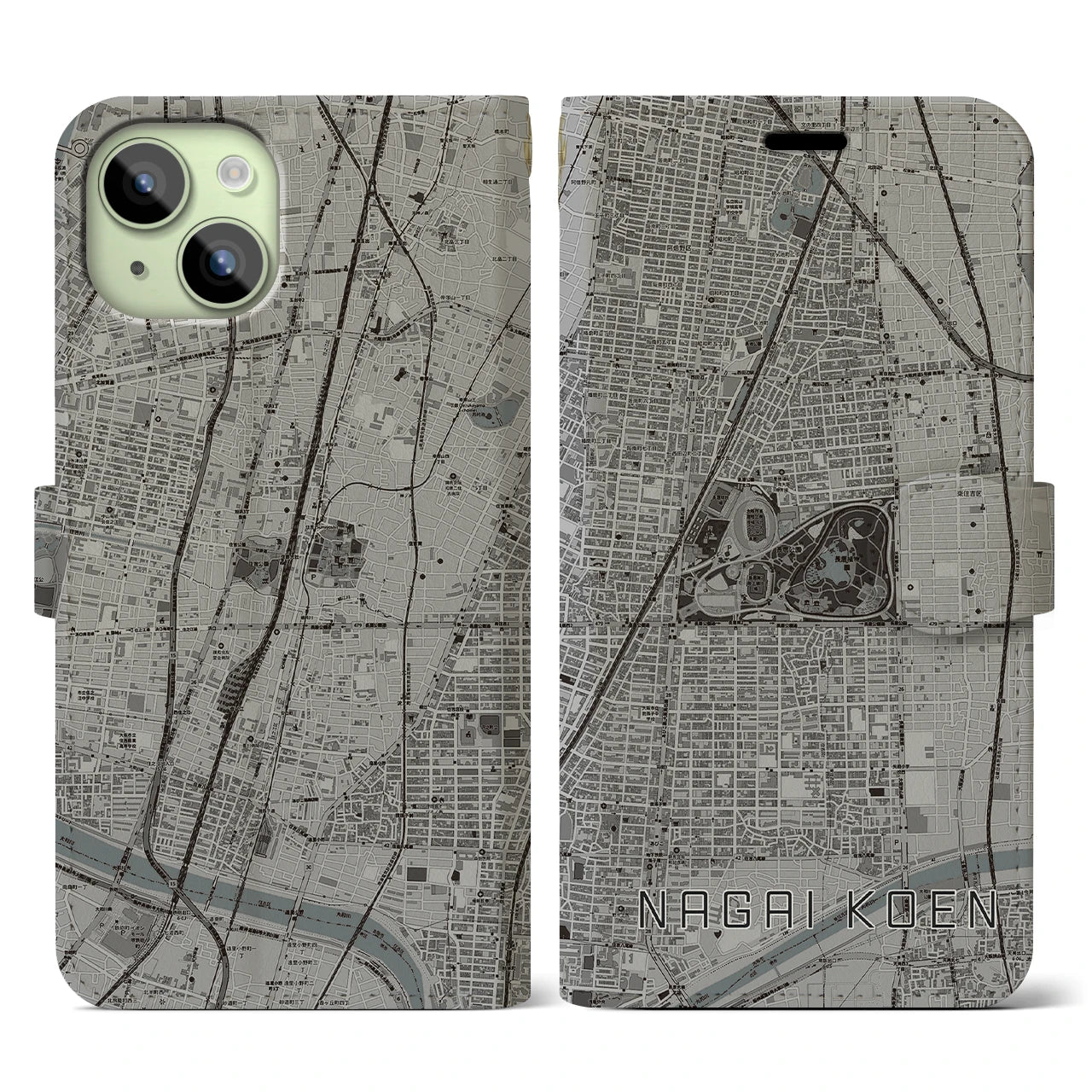 【長居公園】地図柄iPhoneケース（手帳両面タイプ・モノトーン）iPhone 15 用