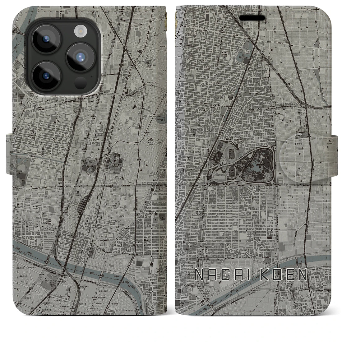 【長居公園】地図柄iPhoneケース（手帳両面タイプ・モノトーン）iPhone 15 Pro Max 用