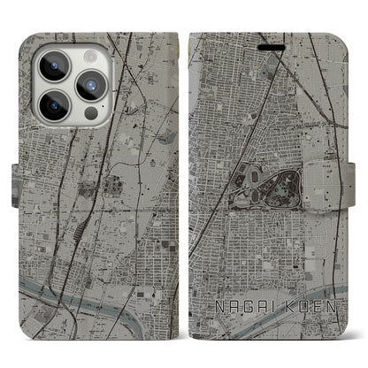 【長居公園（大阪府）】地図柄iPhoneケース（手帳タイプ）モノトーン・iPhone 15 Pro 用