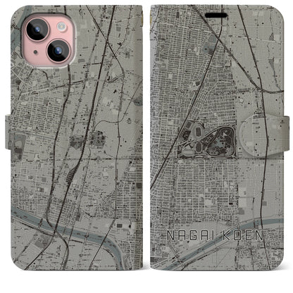 【長居公園（大阪府）】地図柄iPhoneケース（手帳タイプ）モノトーン・iPhone 15 Plus 用