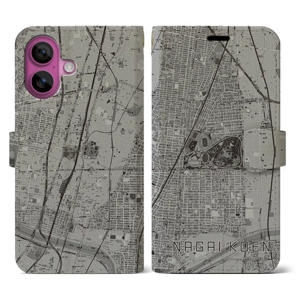 【長居公園（大阪府）】地図柄iPhoneケース（手帳タイプ）モノトーン・iPhone 16 Pro 用