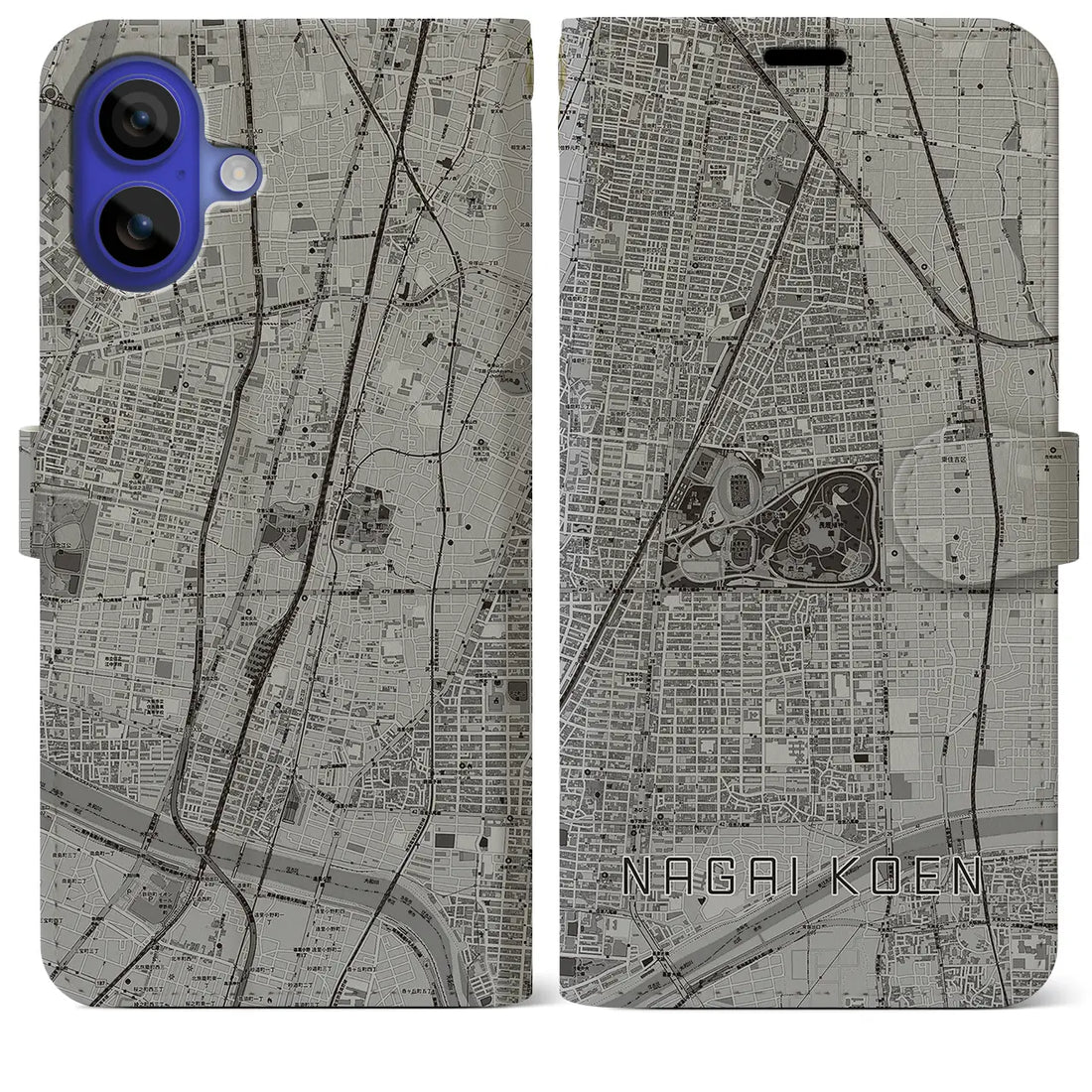 【長居公園(大阪府)】地図柄iPhoneケース(手帳タイプ)モノトーン・iPhone 16 Pro Max 用