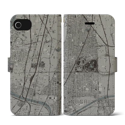 【長居公園（大阪府）】地図柄iPhoneケース（手帳タイプ）モノトーン・iPhone SE（第3 / 第2世代） / 8 / 7 / 6s / 6 用