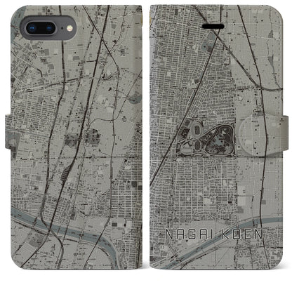 【長居公園（大阪府）】地図柄iPhoneケース（手帳タイプ）モノトーン・iPhone 8Plus /7Plus / 6sPlus / 6Plus 用