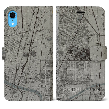 【長居公園（大阪府）】地図柄iPhoneケース（手帳タイプ）モノトーン・iPhone XR 用