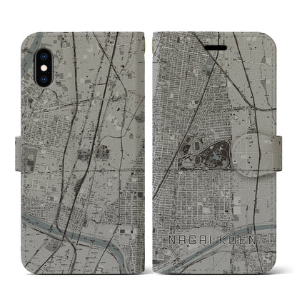 【長居公園（大阪府）】地図柄iPhoneケース（手帳タイプ）モノトーン・iPhone XS / X 用