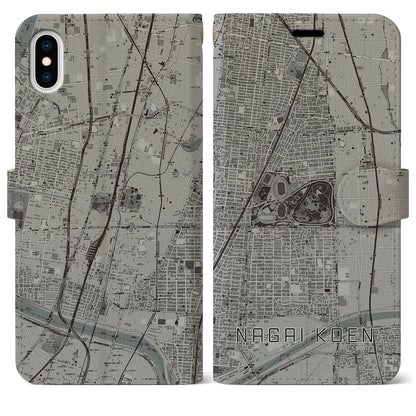 【長居公園（大阪府）】地図柄iPhoneケース（手帳タイプ）モノトーン・iPhone XS Max 用