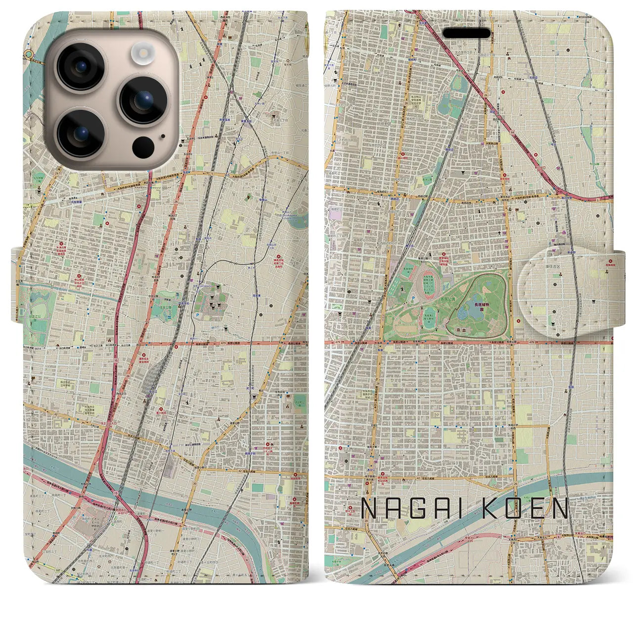 【長居公園（大阪府）】地図柄iPhoneケース（手帳タイプ）ナチュラル・iPhone 16 Plus 用