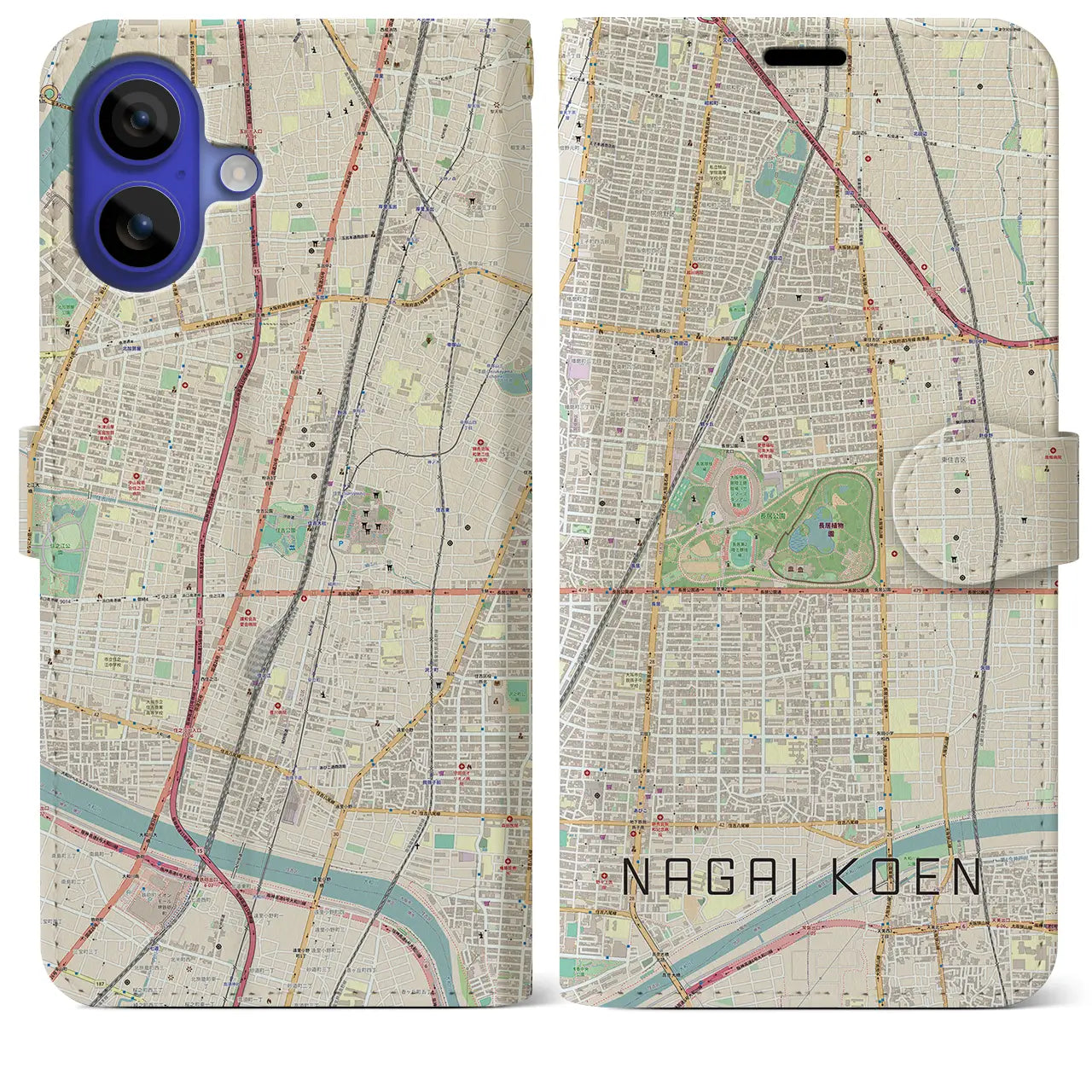 【長居公園（大阪府）】地図柄iPhoneケース（手帳タイプ）ナチュラル・iPhone 16 Pro Max 用