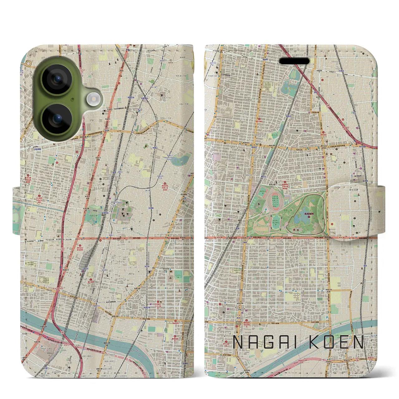 【長居公園（大阪府）】地図柄iPhoneケース（手帳タイプ）