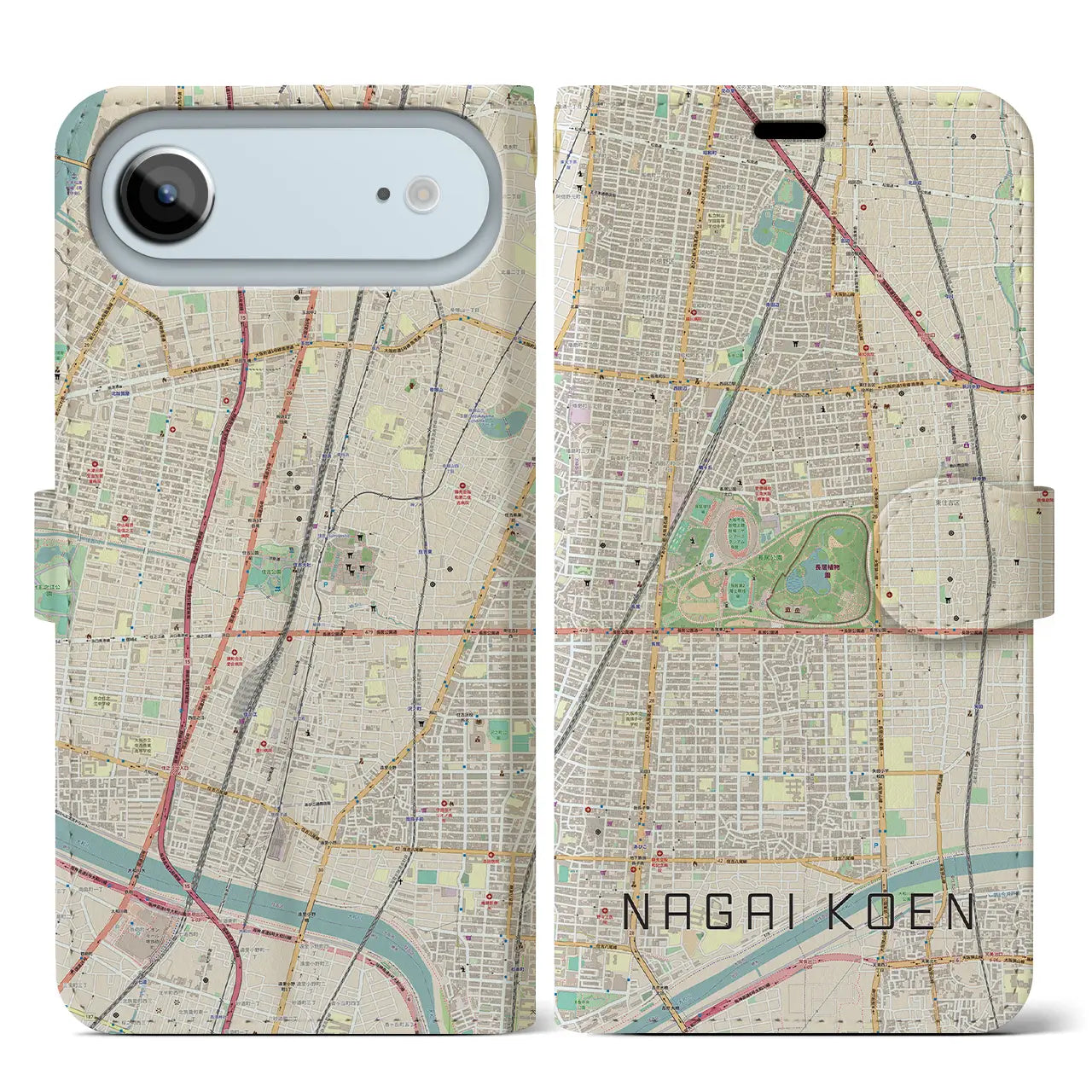 【長居公園（大阪府）】地図柄iPhoneケース（手帳タイプ）