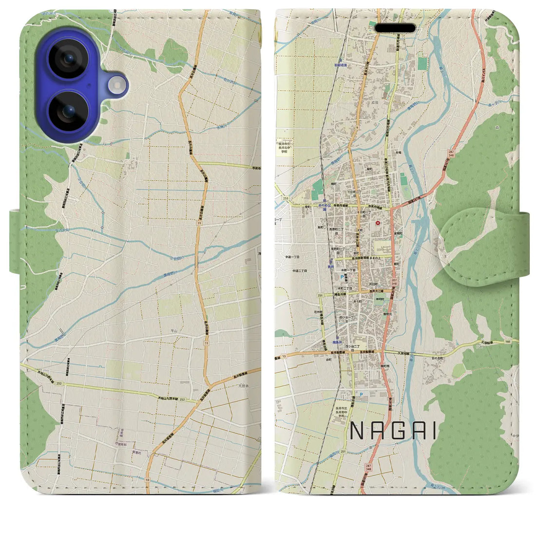 【長井（山形県）】地図柄iPhoneケース（手帳タイプ）モノトーン・iPhone 16 Pro Max 用