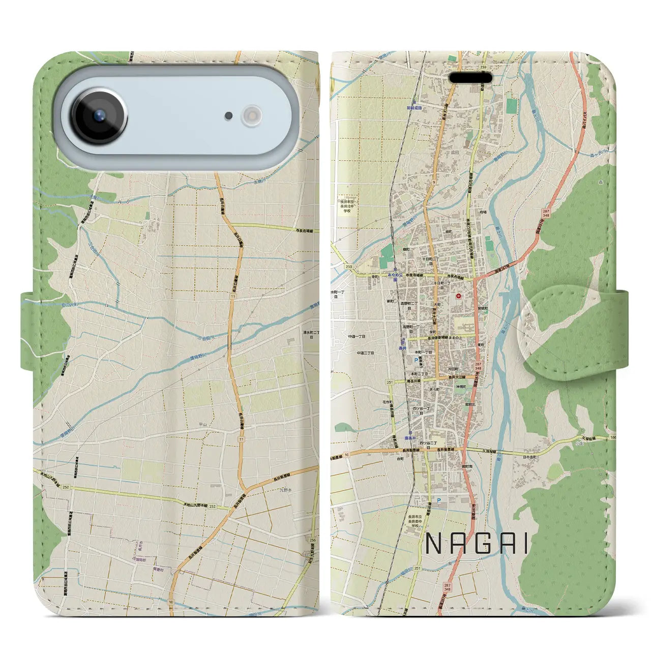【長井（山形県）】地図柄iPhoneケース（手帳タイプ）ナチュラル・iPhone 17 Pro Max 用