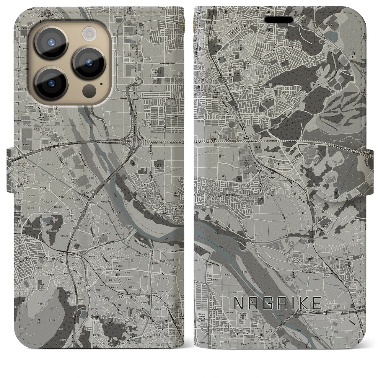 【長池】地図柄iPhoneケース（手帳両面タイプ・モノトーン）iPhone 14 Pro Max 用
