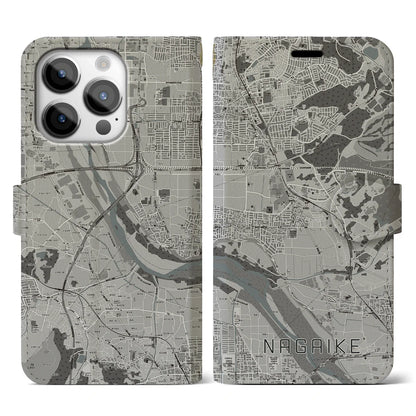 【長池（京都府）】地図柄iPhoneケース（手帳タイプ）モノトーン・iPhone 14 Pro 用