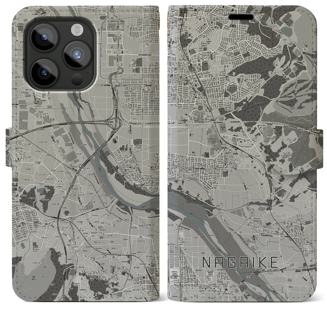 【長池】地図柄iPhoneケース（手帳両面タイプ・モノトーン）iPhone 15 Pro Max 用
