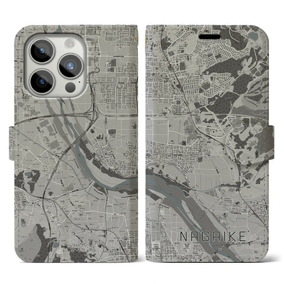 【長池（京都府）】地図柄iPhoneケース（手帳タイプ）モノトーン・iPhone 15 Pro 用