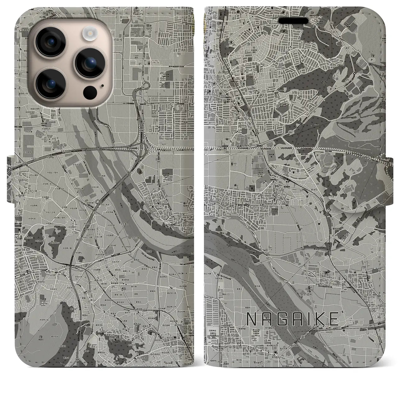 【長池（京都府）】地図柄iPhoneケース（手帳タイプ）モノトーン・iPhone 16 Plus 用