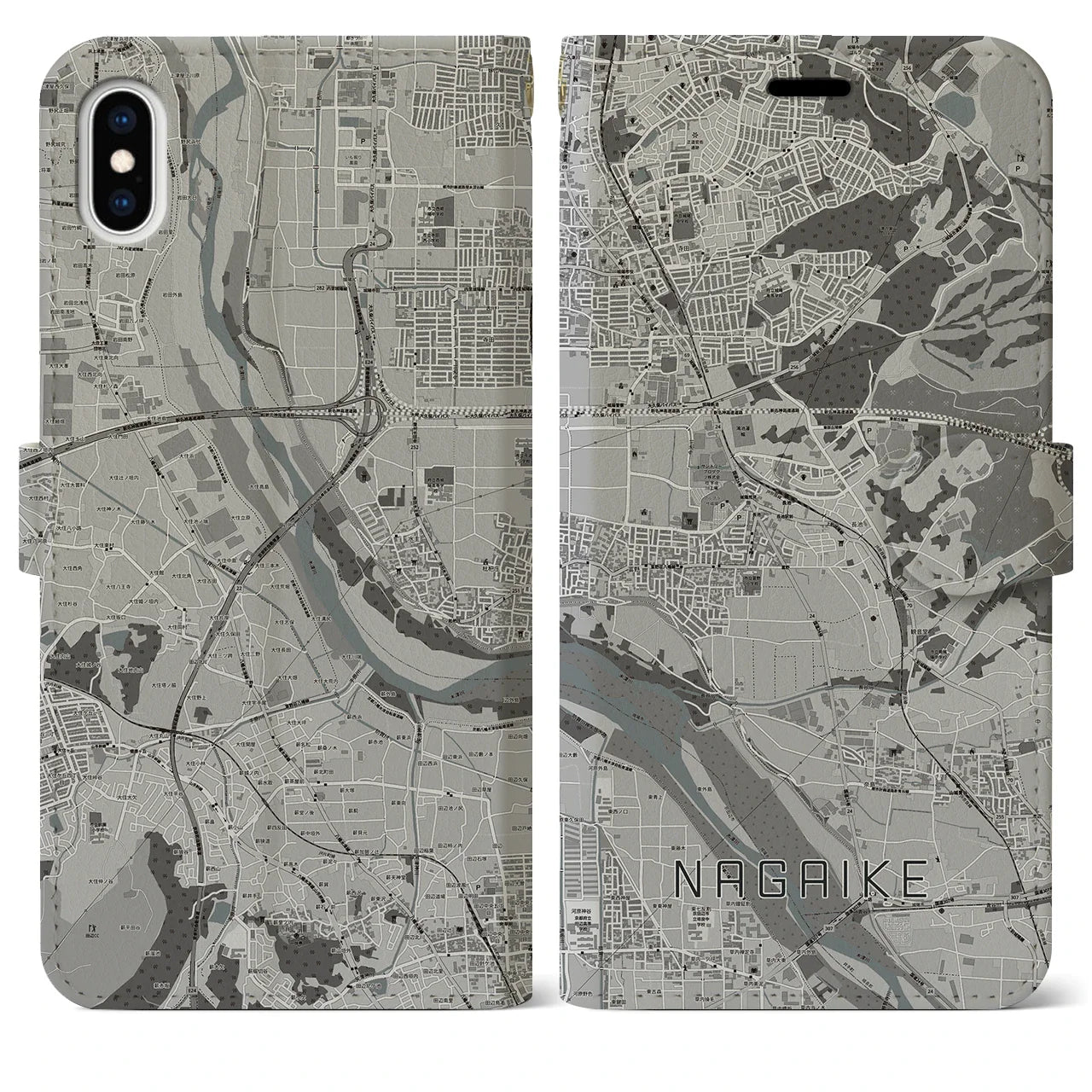 【長池（京都府）】地図柄iPhoneケース（手帳タイプ）モノトーン・iPhone XS Max 用