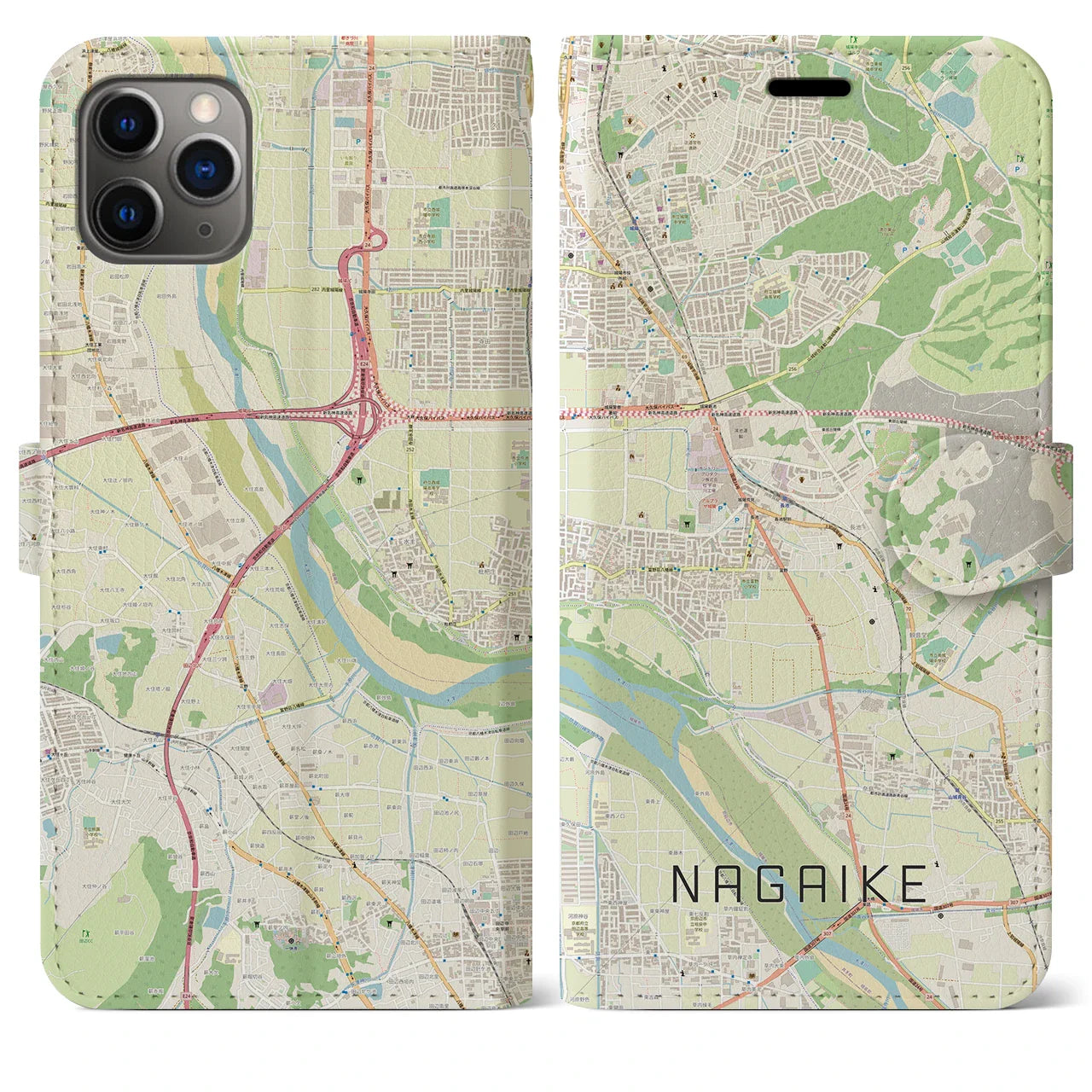 【長池（京都府）】地図柄iPhoneケース（手帳タイプ）ナチュラル・iPhone 11 Pro Max 用