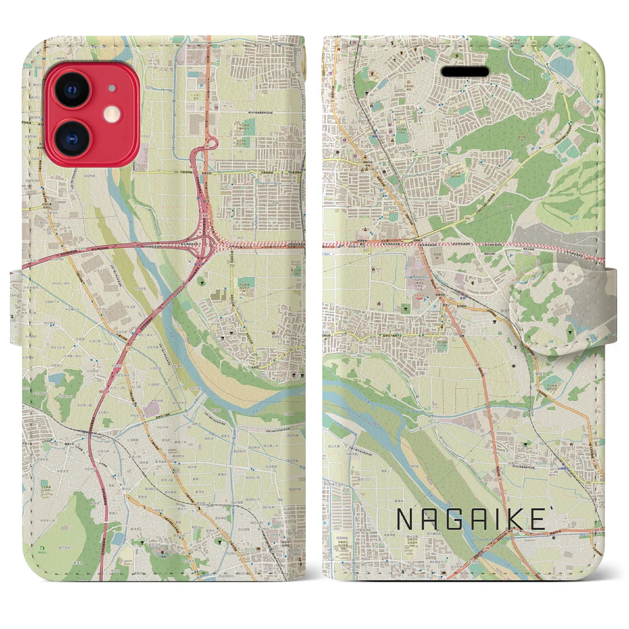 【長池（京都府）】地図柄iPhoneケース（手帳タイプ）ナチュラル・iPhone 11 用