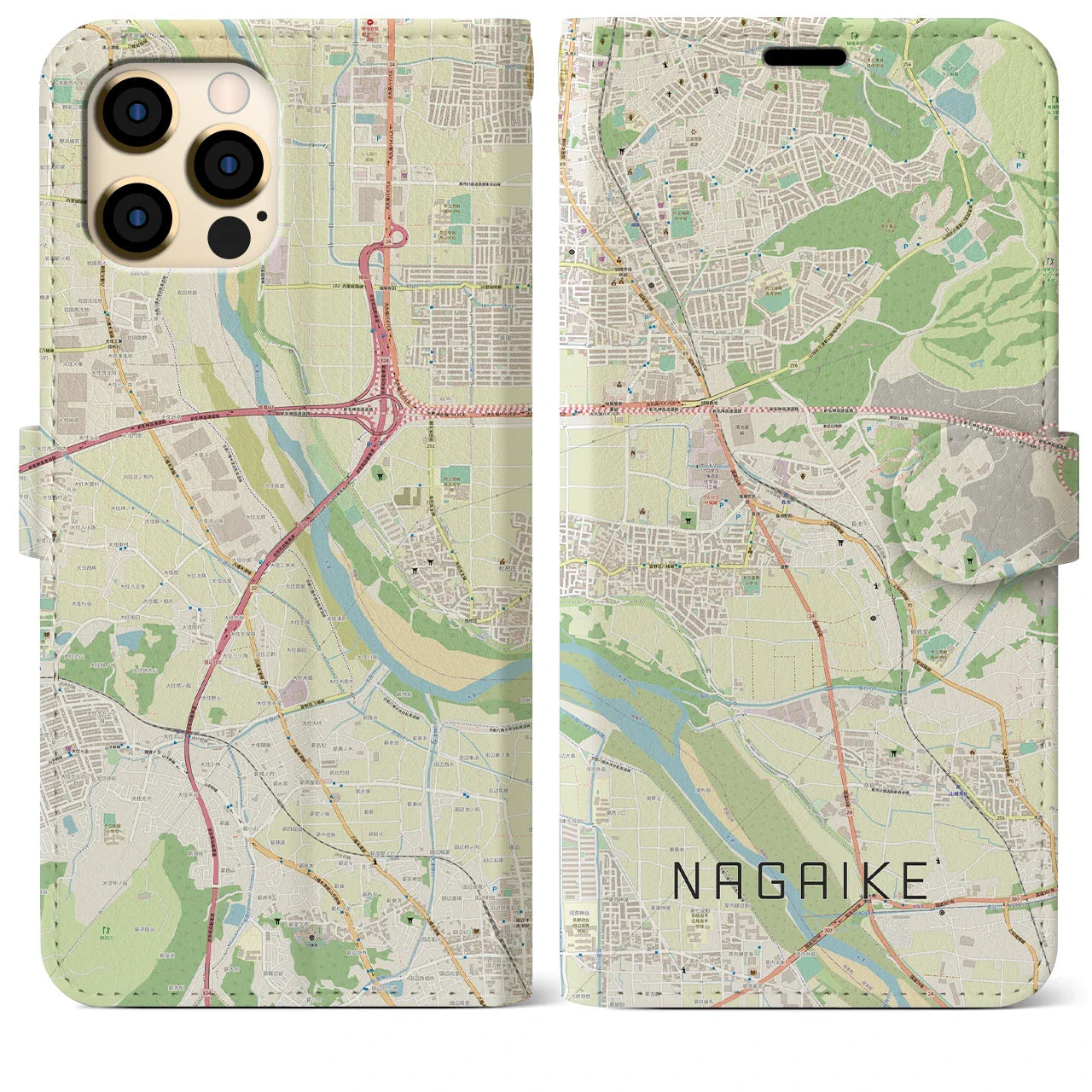 【長池（京都府）】地図柄iPhoneケース（手帳タイプ）ナチュラル・iPhone 12 Pro Max 用