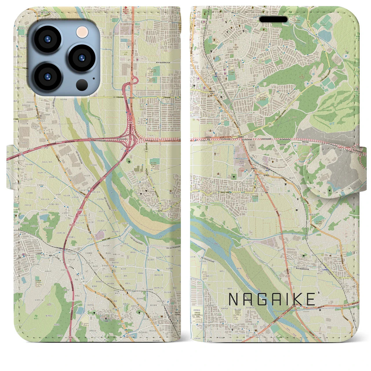 【長池（京都府）】地図柄iPhoneケース（手帳タイプ）ナチュラル・iPhone 13 Pro Max 用