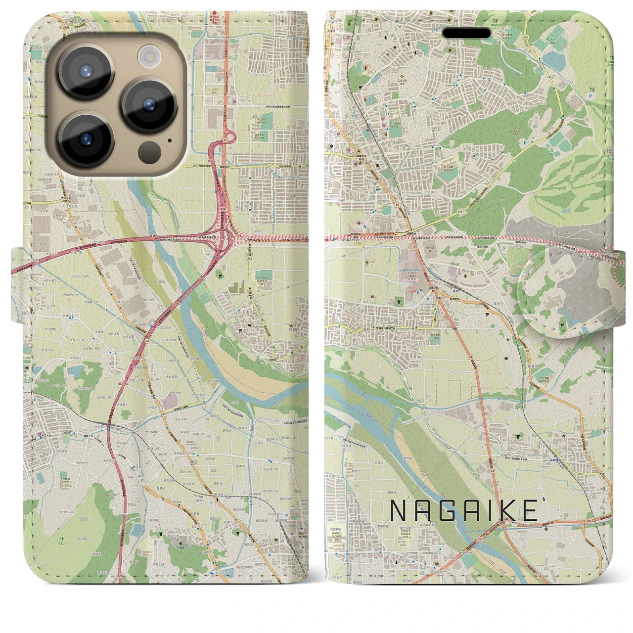 【長池（京都府）】地図柄iPhoneケース（手帳タイプ）ナチュラル・iPhone 14 Pro Max 用