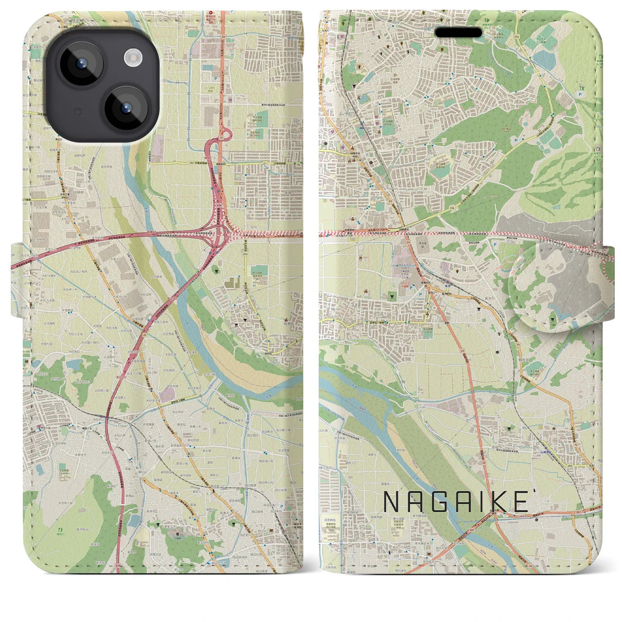 【長池（京都府）】地図柄iPhoneケース（手帳タイプ）ナチュラル・iPhone 14 Plus 用