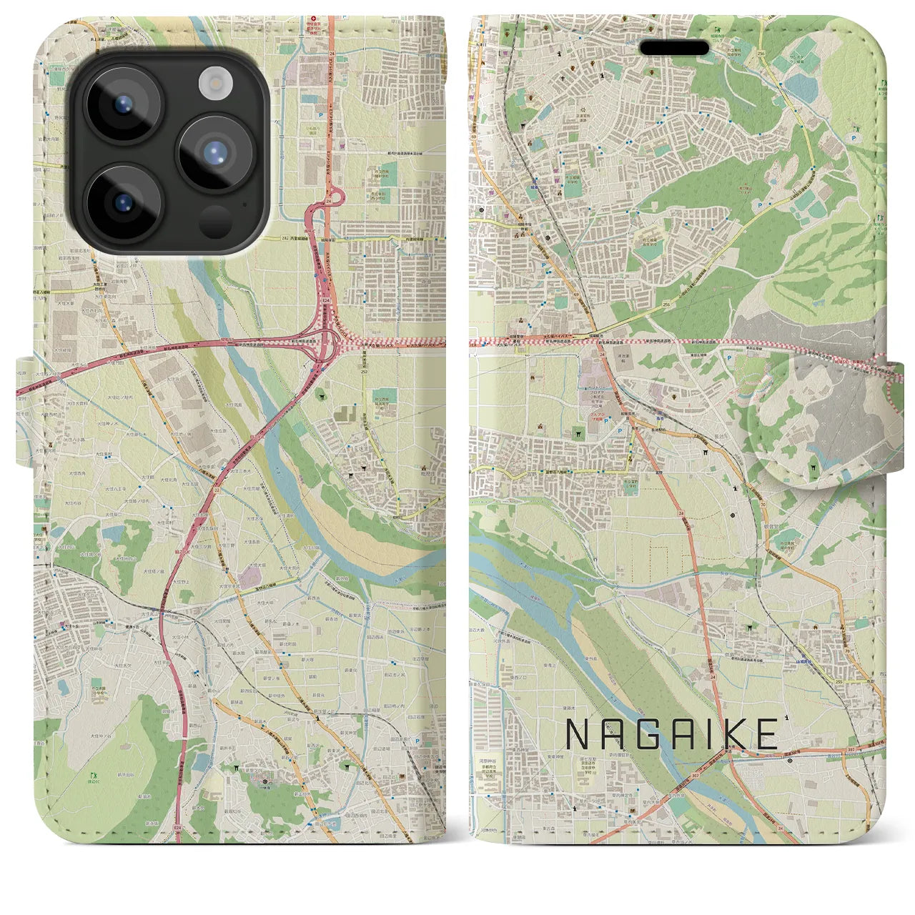 【長池（京都府）】地図柄iPhoneケース（手帳タイプ）ナチュラル・iPhone 15 Pro Max 用