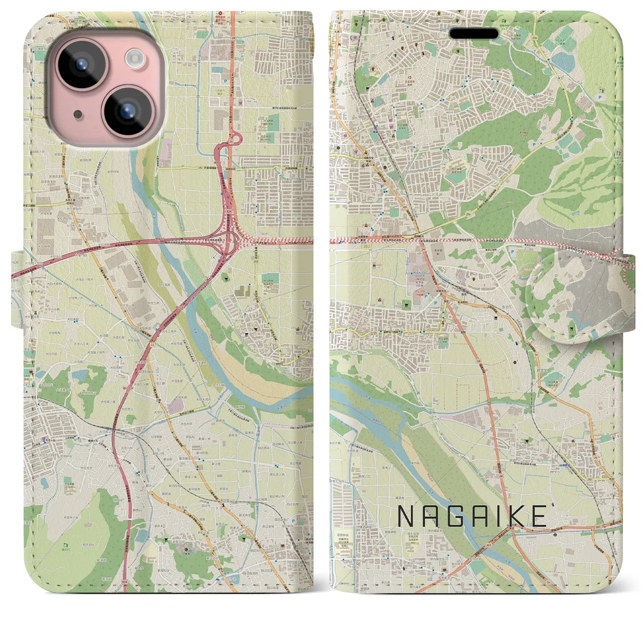 【長池（京都府）】地図柄iPhoneケース（手帳タイプ）ナチュラル・iPhone 15 Plus 用