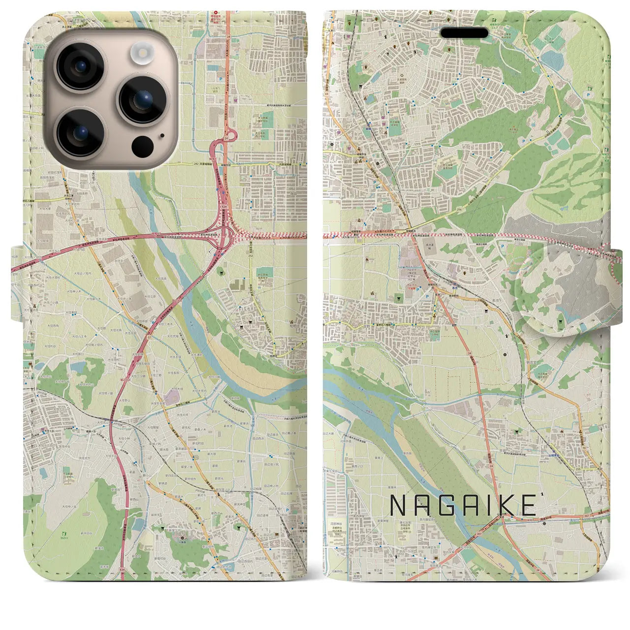 【長池（京都府）】地図柄iPhoneケース（手帳タイプ）ナチュラル・iPhone 16 Plus 用