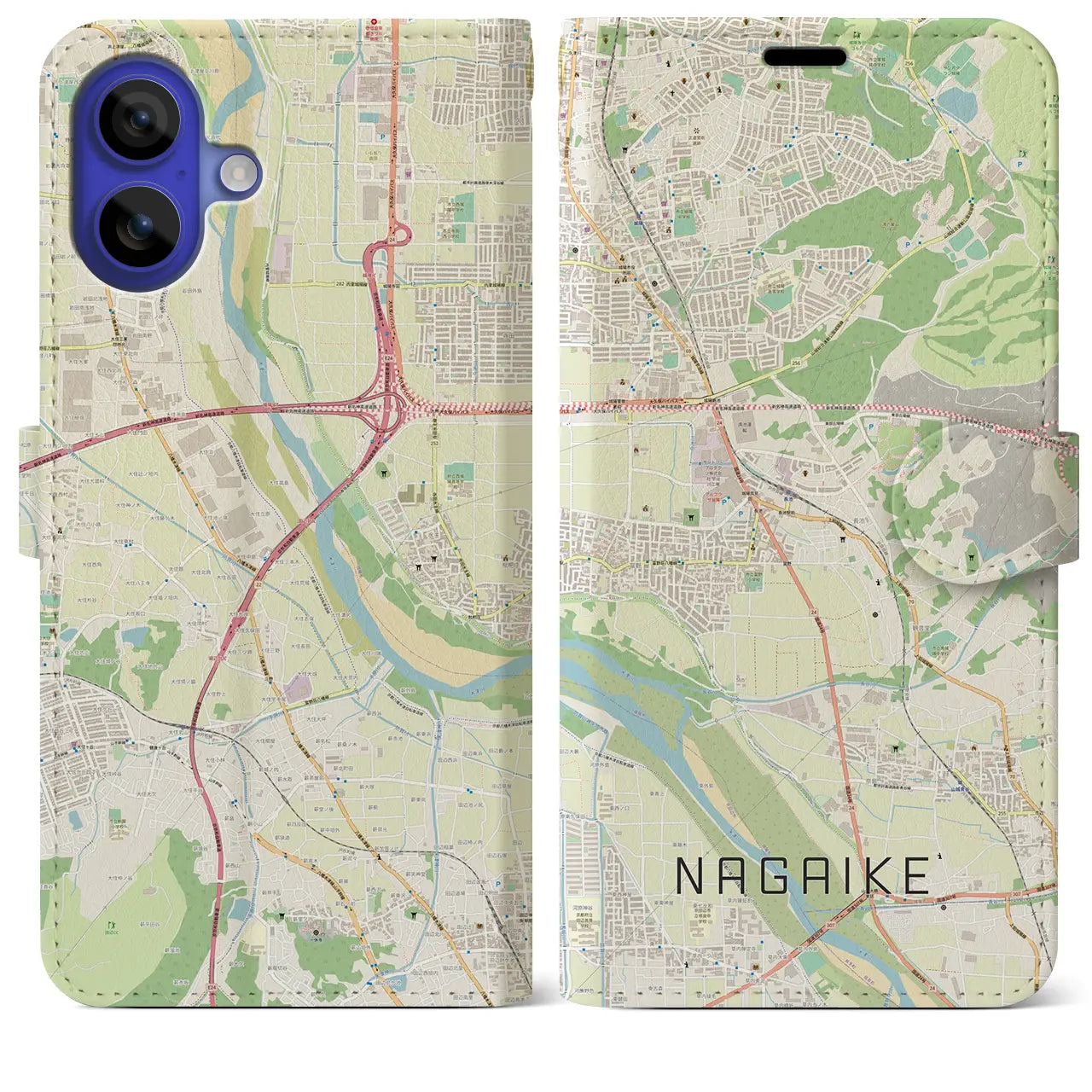 【長池（京都府）】地図柄iPhoneケース（手帳タイプ）ナチュラル・iPhone 16 Pro Max 用