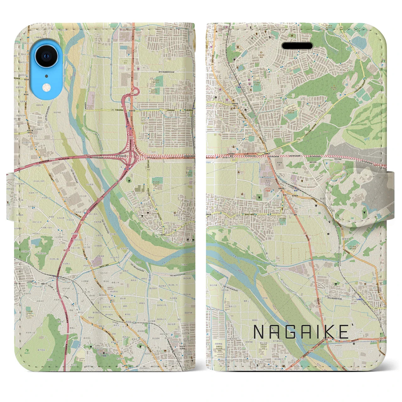 【長池（京都府）】地図柄iPhoneケース（手帳タイプ）ナチュラル・iPhone XR 用