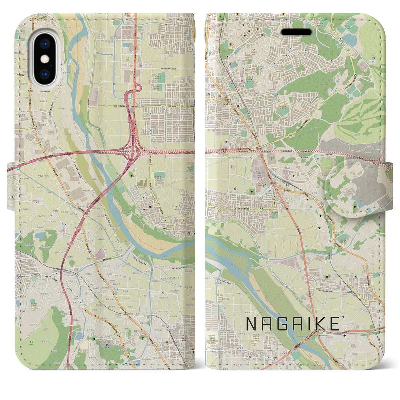 【長池（京都府）】地図柄iPhoneケース（手帳タイプ）ナチュラル・iPhone XS Max 用