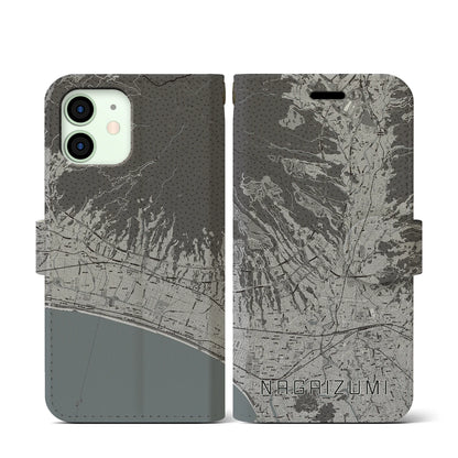 【長泉（静岡県）】地図柄iPhoneケース（手帳タイプ）モノトーン・iPhone 12 mini 用