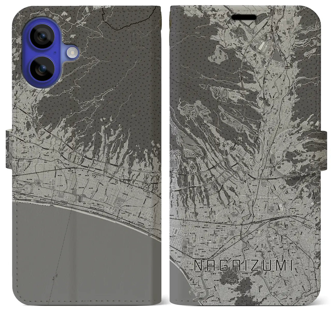 【長泉(静岡県)】地図柄iPhoneケース(手帳タイプ)モノトーン・iPhone 16 Pro Max 用