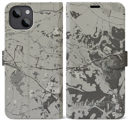 【長久手（愛知県）】地図柄iPhoneケース（手帳タイプ）モノトーン・iPhone 14 Plus 用