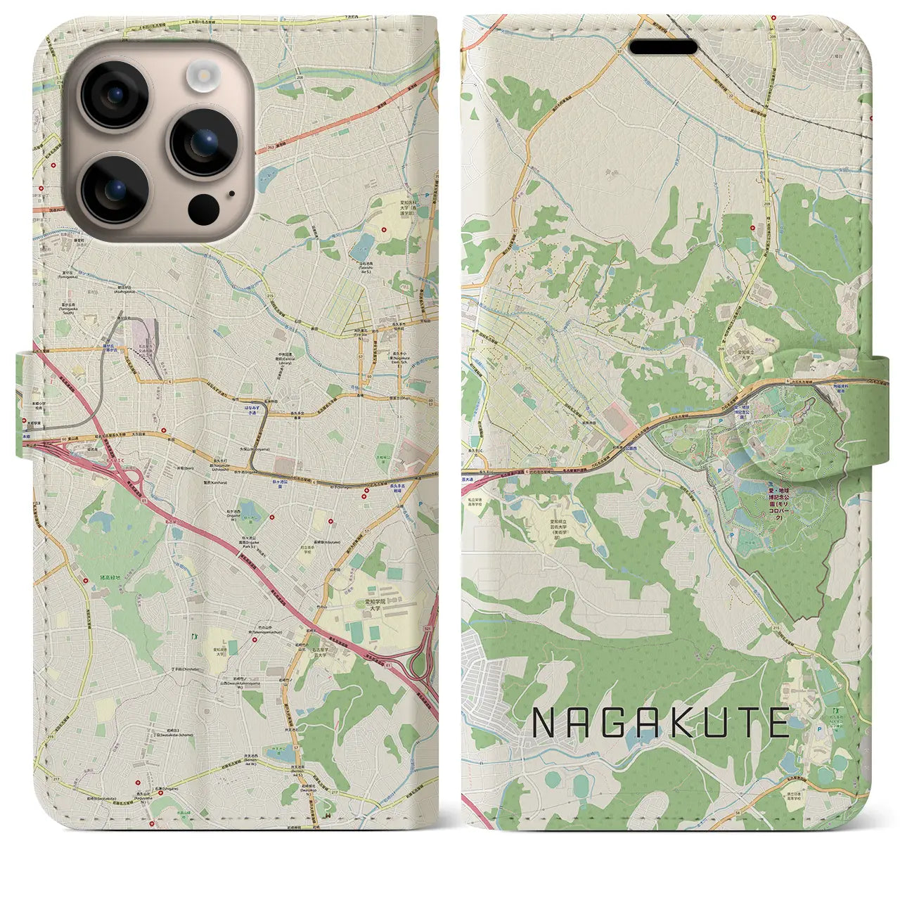 【長久手（愛知県）】地図柄iPhoneケース（手帳タイプ）ナチュラル・iPhone 16 Plus 用