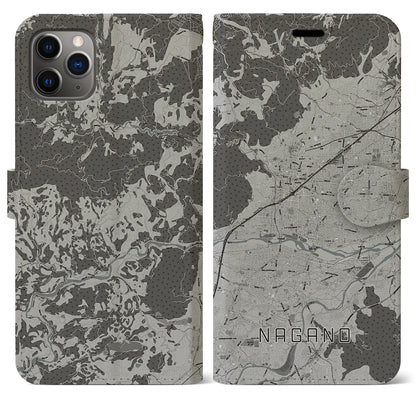 【長野（長野県）】地図柄iPhoneケース（手帳タイプ）モノトーン・iPhone 11 Pro Max 用